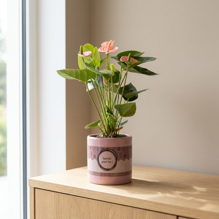 Anthurium Pink (Spirit) in P&PURE Special Pour Toi verpakking op een eiken dressoir in een lichte woonkamer