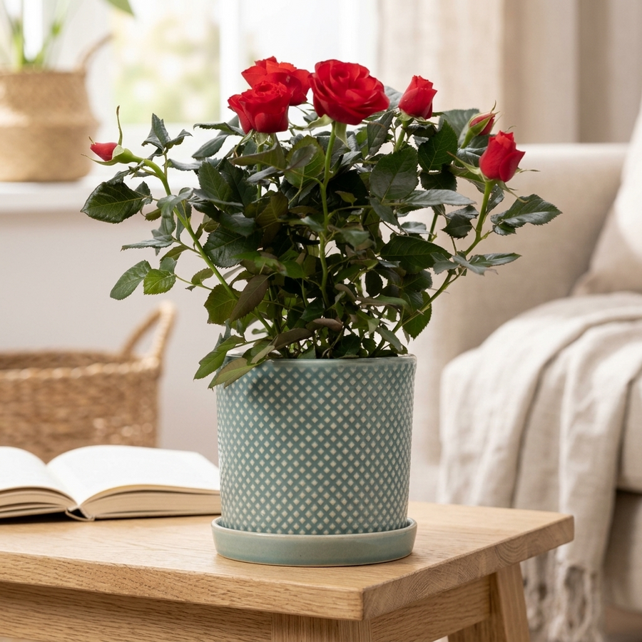 Rosa Red In P&PURE Lauren Ceramics op een houten bijzettafel naast een fauteuil in een sfeervol interieur