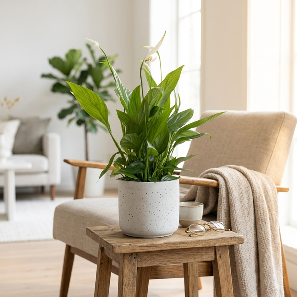 Spathiphyllum In P&PURE Jade Ceramics op een houten bijzettafel naast een fauteuil in een sfeervol licht interieur