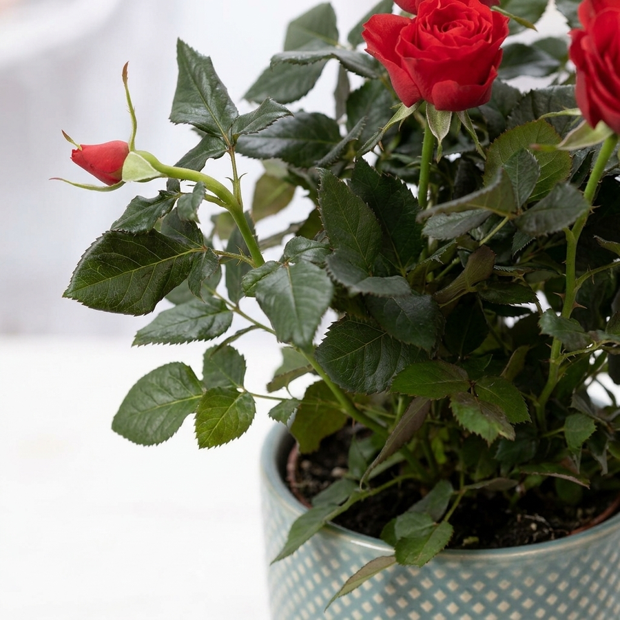 Close-up van de bladeren en rode bloemknoppen van Rosa Red In P&PURE Lauren Ceramics