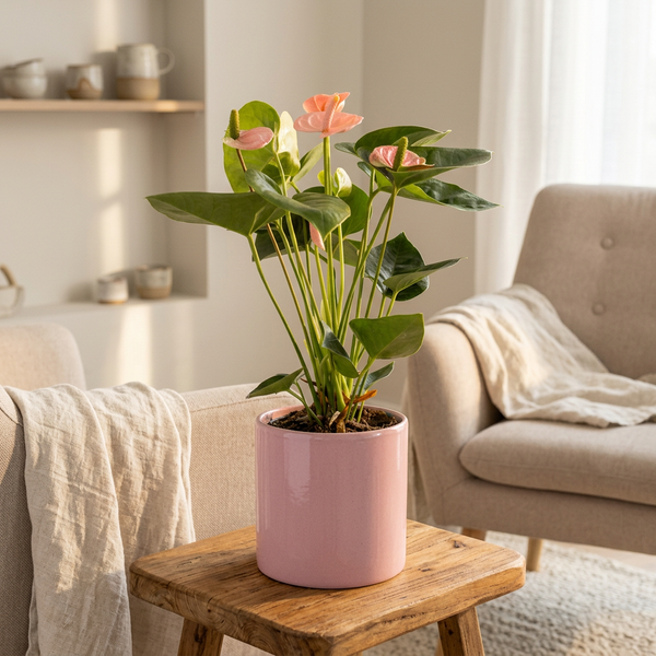 Anthurium Pink (Spirit) in roze keramieken pot op een houten bijzettafel naast een fauteuil met linnen plaid