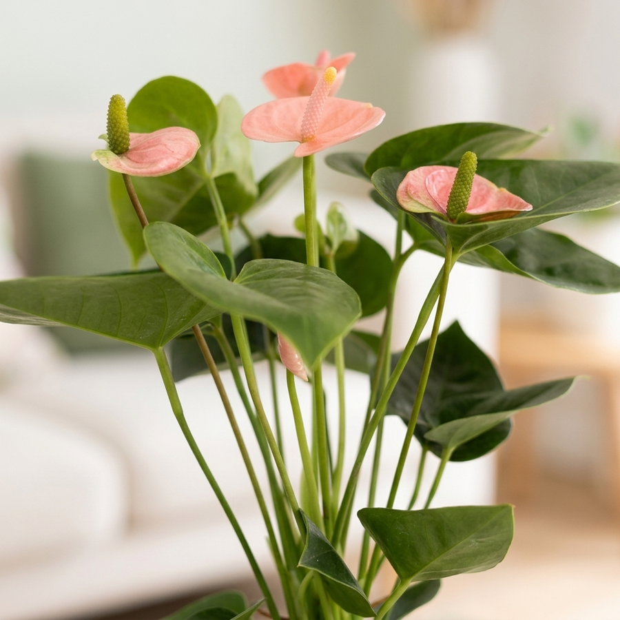Close-up van de zalmroze bloemen en glanzende hartvormige bladeren van de Anthurium Pink (Spirit)