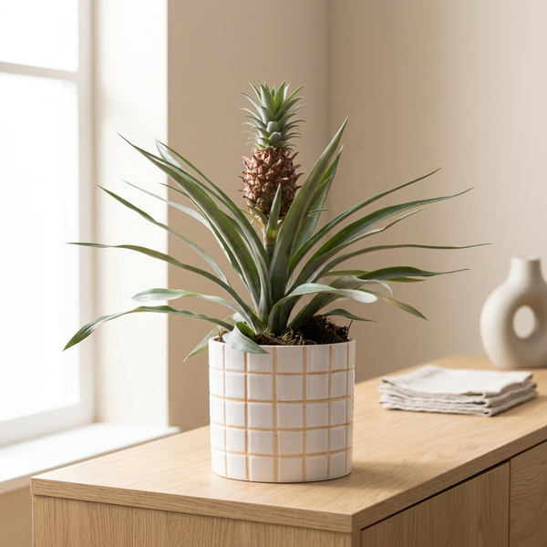 Ananas Rosita In P&PURE Tirza Ceramics op een eiken dressoir in een lichte Scandinavische woonkamer