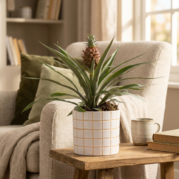 Ananas Rosita In P&PURE Tirza Ceramics op een houten bijzettafel naast een fauteuil in een sfeervol interieur