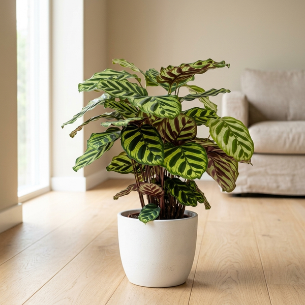 Calathea Makoyana in witte keramieken pot op eikenhouten vloer bij het raam in een lichte Scandinavische woonkamer