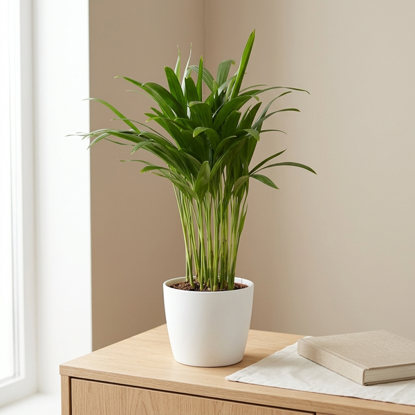 Areca Dypsis in witte keramieken sierpot op een eiken dressoir in een lichte Scandinavische woonkamer