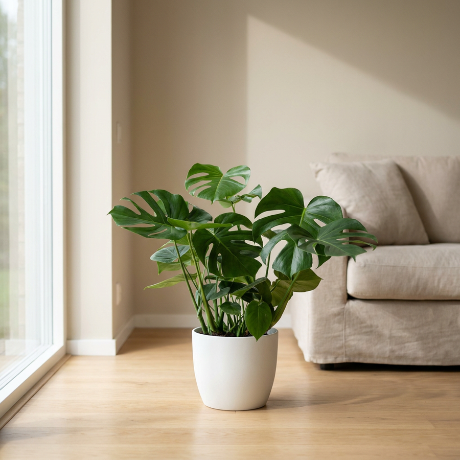 Monstera Deliciosa in witte keramieken pot op een lichte eiken vloer naast een groot raam in een Scandinavische woonkamer