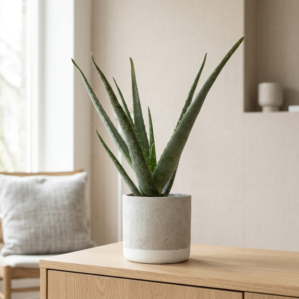 Aloe Vera in P&PURE Jade Ceramics op een licht eiken dressoir in een lichte Scandinavische woonkamer
