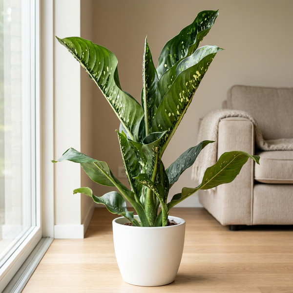 Dieffenbachia Seguine 'Caiman' in witte keramische pot op lichte houten vloer naast een groot raam in een Scandinavische woonkamer