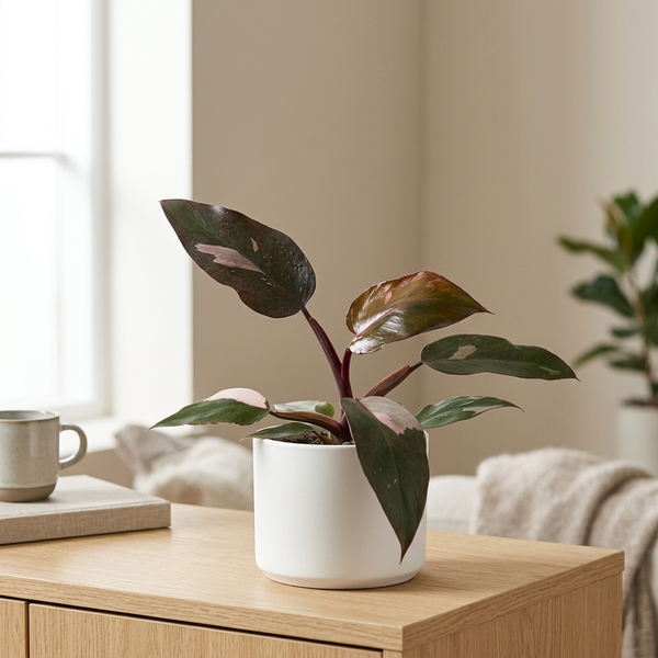 Philodendron Burgundy Princess in witte keramieken pot op een eiken dressoir in een licht Scandinavisch interieur