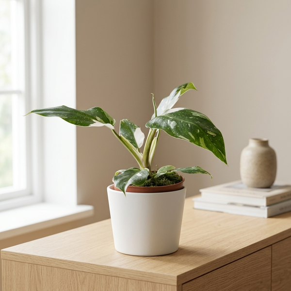 Philodendron White Princess B Grade in witte sierpot op een eiken dressoir in een lichte Scandinavische woonkamer
