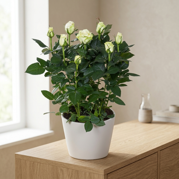 Rosa wit in witte keramieken pot op een eiken dressoir in een lichte Scandinavische woonkamer