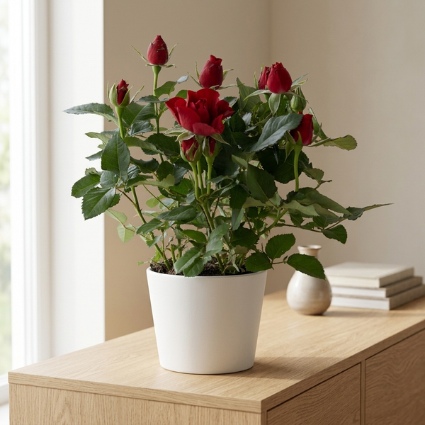 Rosa rood in witte keramieken pot op een eikenhouten dressoir in een lichte Scandinavische woonkamer