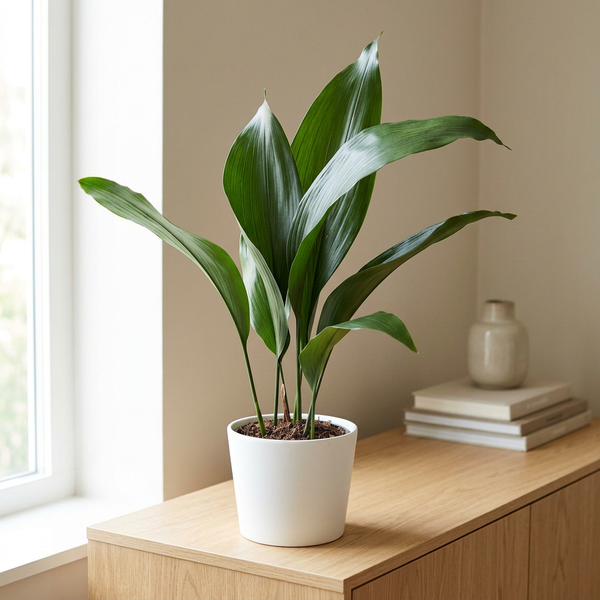 Aspidistra Elatior in witte keramieken pot op een eiken dressoir in een lichte Scandinavische woonkamer