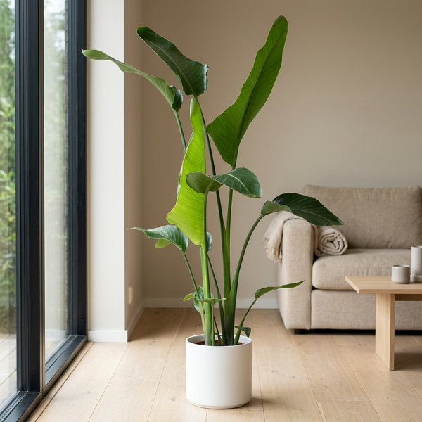 Strelitzia Nicolai in matte witte pot op eiken vloer naast het raam in een lichte Scandinavische woonkamer