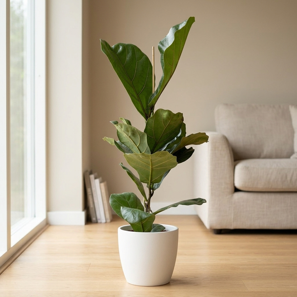Ficus Lyrata in matte witte keramieken pot op lichte eiken vloer bij het raam in een licht Scandinavisch interieur