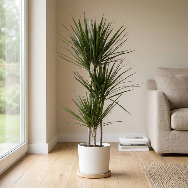Dracaena Marginata in witte keramieken pot op eiken vloer naast het raam in een lichte Scandinavische woonkamer