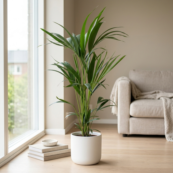 Howea Forsteriana (Kentia) 5 Pit in witte keramieken pot op een lichte eikenhouten vloer naast het raam in een lichte Scandinavische woonkamer