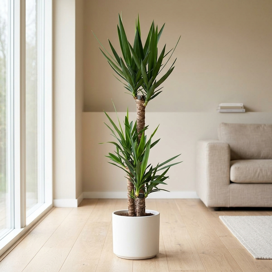 Yucca in witte keramieken pot op een lichte eiken vloer naast een groot raam in een Scandinavische woonkamer