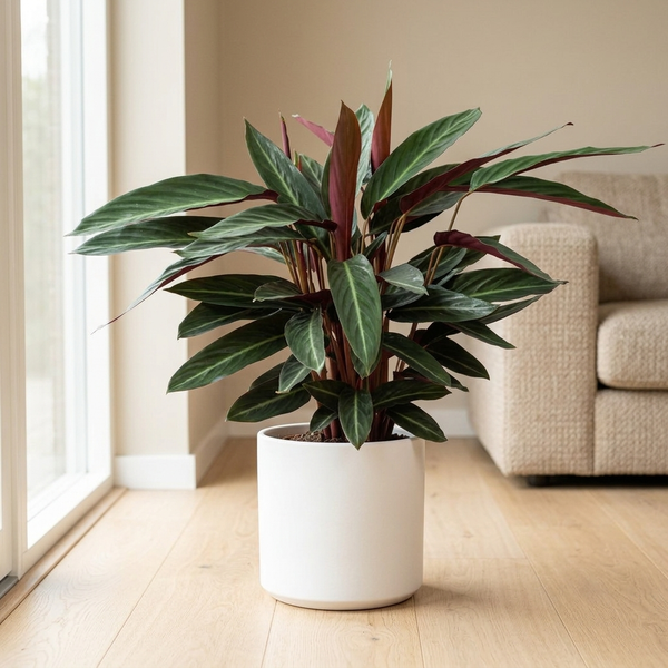 Calathea Stripestar Living in een witte keramieken pot op een lichte eiken vloer naast een groot raam in een Scandinavische woonkamer