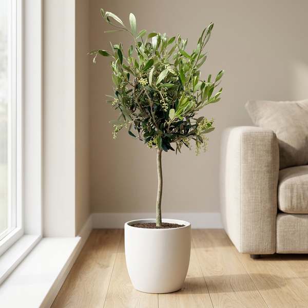 Olea olijfboompje in witte keramieken pot op een lichte houten vloer naast het raam in een Scandinavische woonkamer