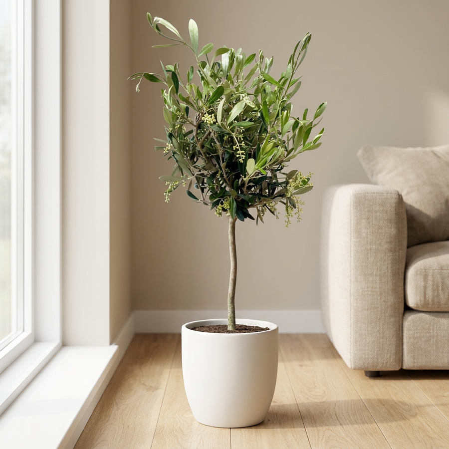 Olea olijfboompje in witte keramieken pot op een lichte houten vloer naast het raam in een Scandinavische woonkamer