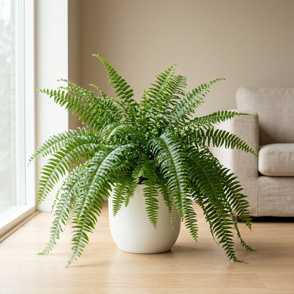 Nephrolepis Macho in witte keramieken pot op een lichte eiken vloer bij het raam in een Scandinavische woonkamer