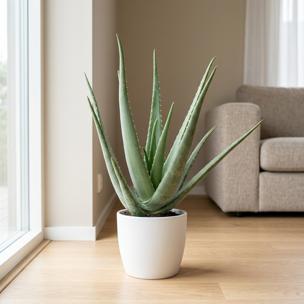 Aloe Vera in matte witte pot op lichte eiken vloer naast een groot raam in een Scandinavische woonkamer