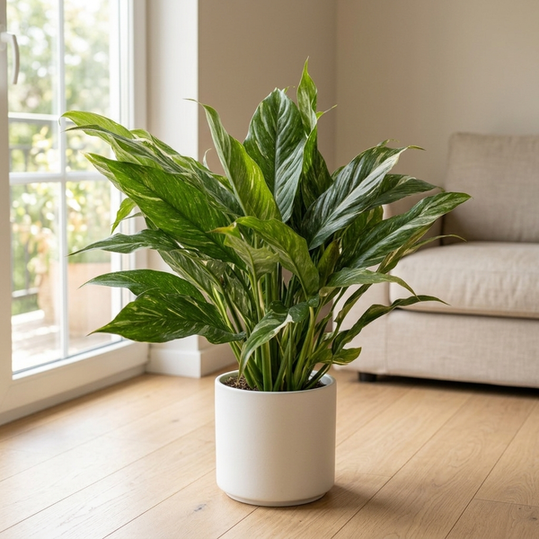 Diamond Variegata in witte keramieken pot op een lichte eiken vloer naast het raam in een Scandinavische woonkamer