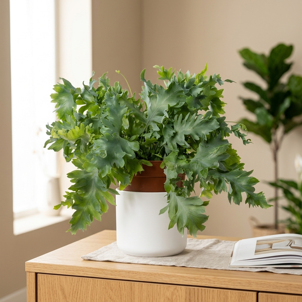 Phlebodium Davana in witte sierpot op een eiken dressoir in een lichte Scandinavische woonkamer