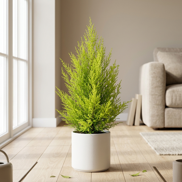 Cupressus Macrocarpa Goldcrest Wilma in witte keramieken pot op eikenhouten vloer naast een raam in een lichte Scandinavische woonkamer