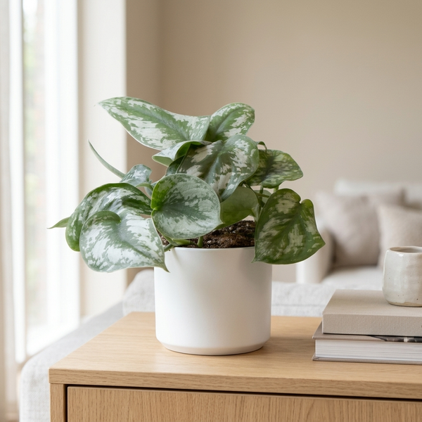 Philodendron Scandens Pictus Trebie in witte keramieken pot op een eiken dressoir in een lichte Scandinavische woonkamer