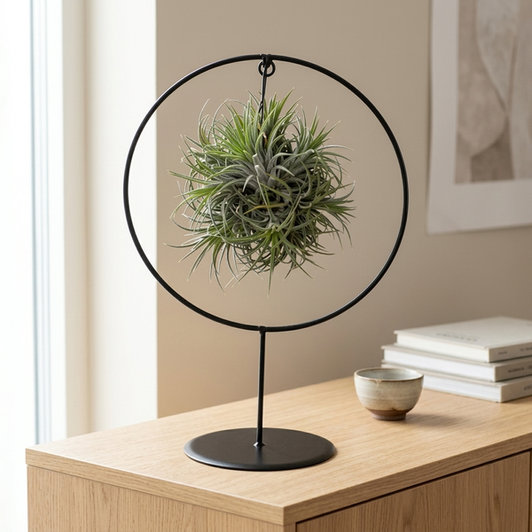 Tillandsia Ring Mix (Medium) op zwarte metalen ringstandaard op een eiken dressoir in een lichte Scandinavische woonkamer