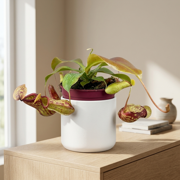 Nepenthes Gaya in witte keramieken sierpot op een eikenhouten dressoir in een lichte Scandinavische woonkamer