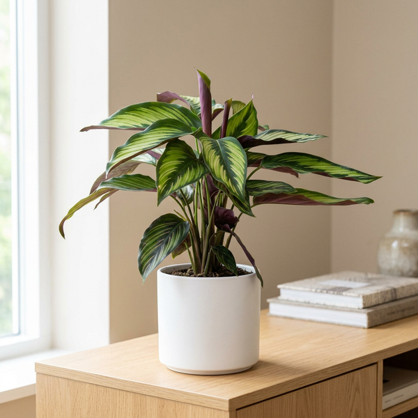 Calathea Majestica Princeps in witte keramieken pot op een eiken dressoir in een lichte Scandinavische woonkamer