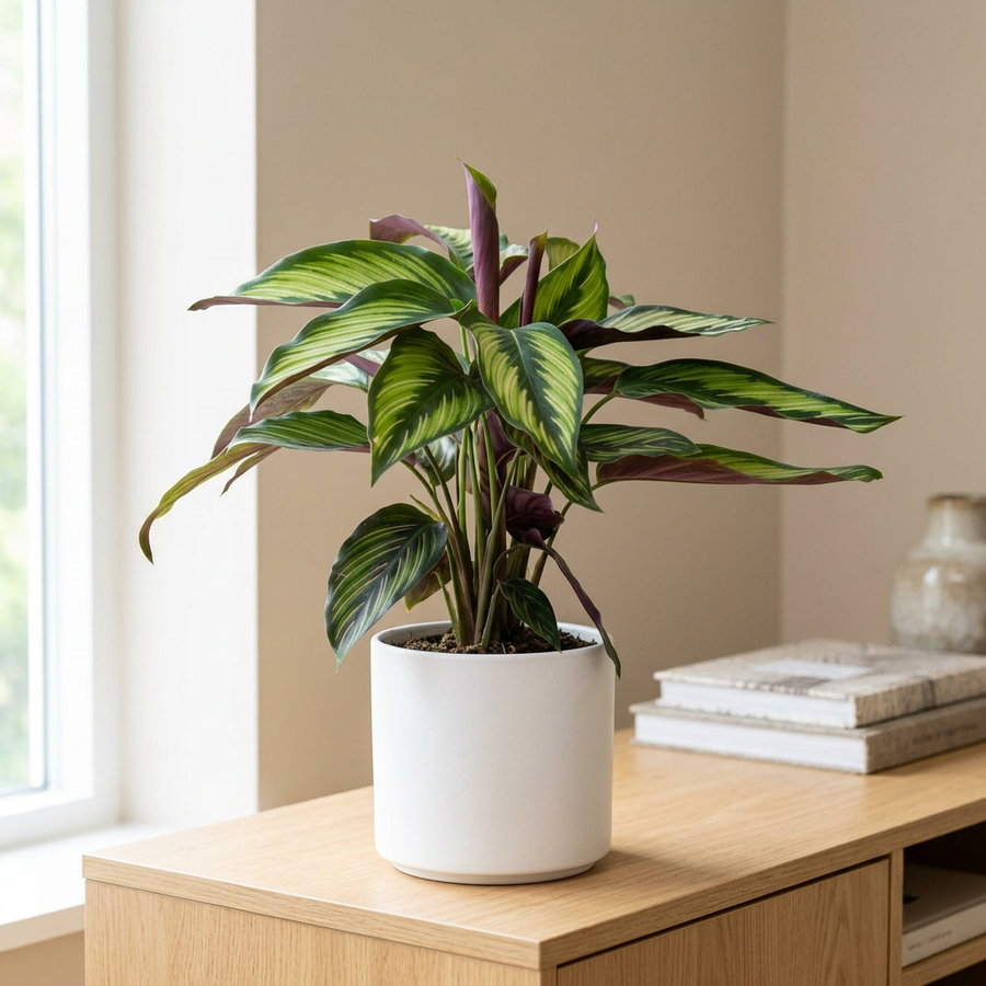 Calathea Majestica Princeps in witte keramieken pot op een eiken dressoir in een lichte Scandinavische woonkamer