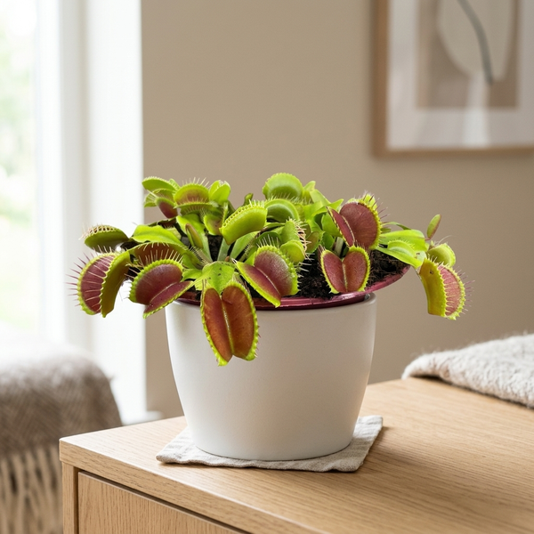 Dionaea Muscipula in witte keramieken sierpot op een eiken dressoir in een lichte woonkamer