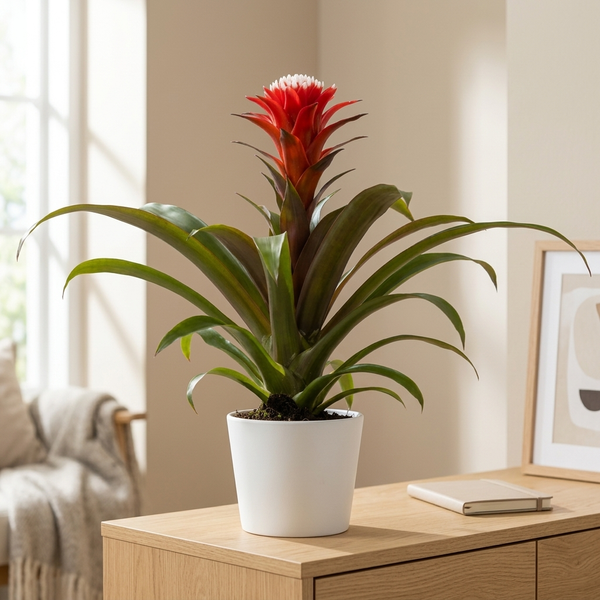 Guzmania Hope in witte keramieken pot op een eiken dressoir in een lichte Scandinavische woonkamer