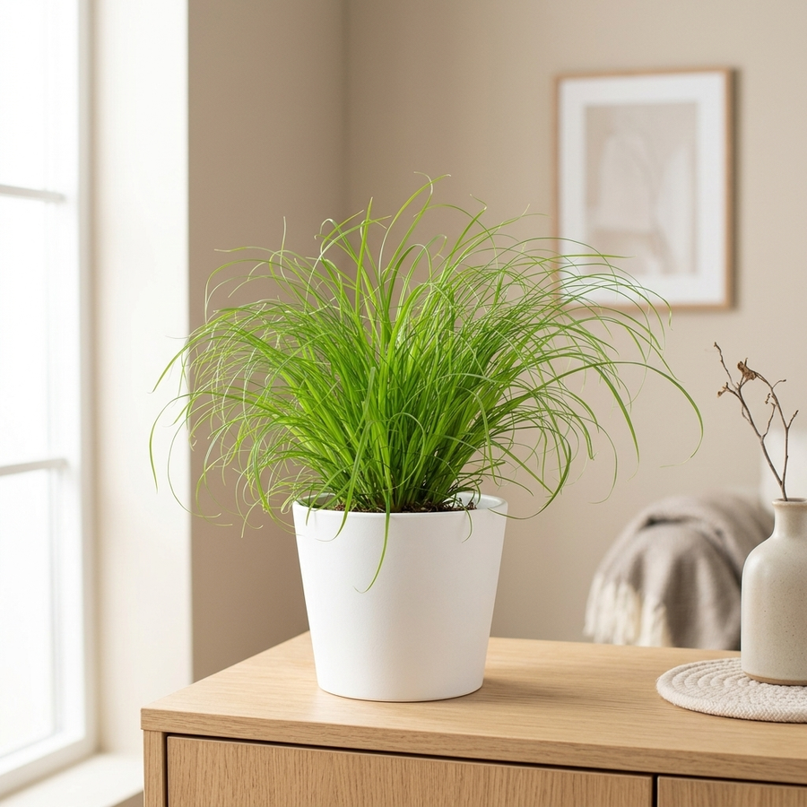 Cyperus Zumula kattengras in witte keramieken pot op een eiken dressoir in een licht Scandinavisch interieur