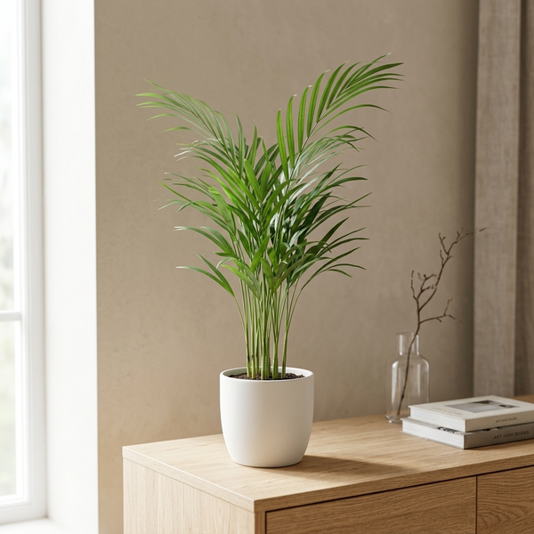 Dypsis Lutescens in witte keramieken pot op een eiken dressoir in een licht Scandinavisch interieur