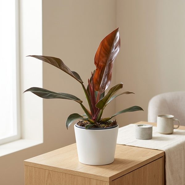 Philodendron Imperial Red Feel Green in een witte keramieken pot op een eiken dressoir in een lichte Scandinavische woonkamer
