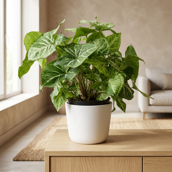 Syngonium Arrow Feel Green in witte keramieken pot op een eiken dressoir in een lichte Scandinavische woonkamer