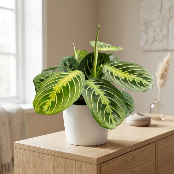 Maranta Lemon Lime in witte keramieken pot op een licht eiken dressoir in een Scandinavische woonkamer