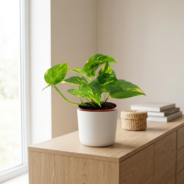 Epipremnum Aureum in witte keramieken pot op een eiken dressoir in een lichte Scandinavische woonkamer