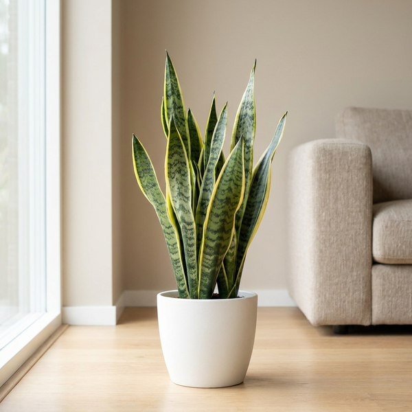 Sansevieria Laurentii in witte keramieken pot op eikenhouten vloer naast het raam in een lichte Scandinavische woonkamer