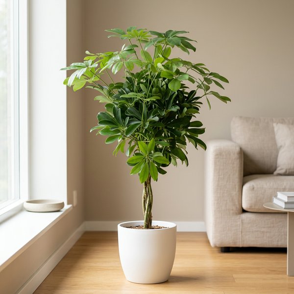 Schefflera Compacta Nora in witte keramieken pot op een lichte houten vloer naast het raam in een Scandinavische woonkamer