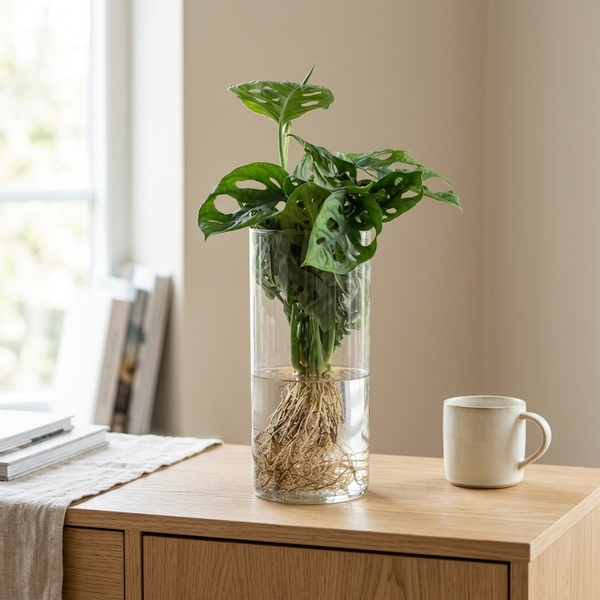 Monstera in Cylinder glas op een licht eikenhouten dressoir in een lichte Scandinavische woonkamer