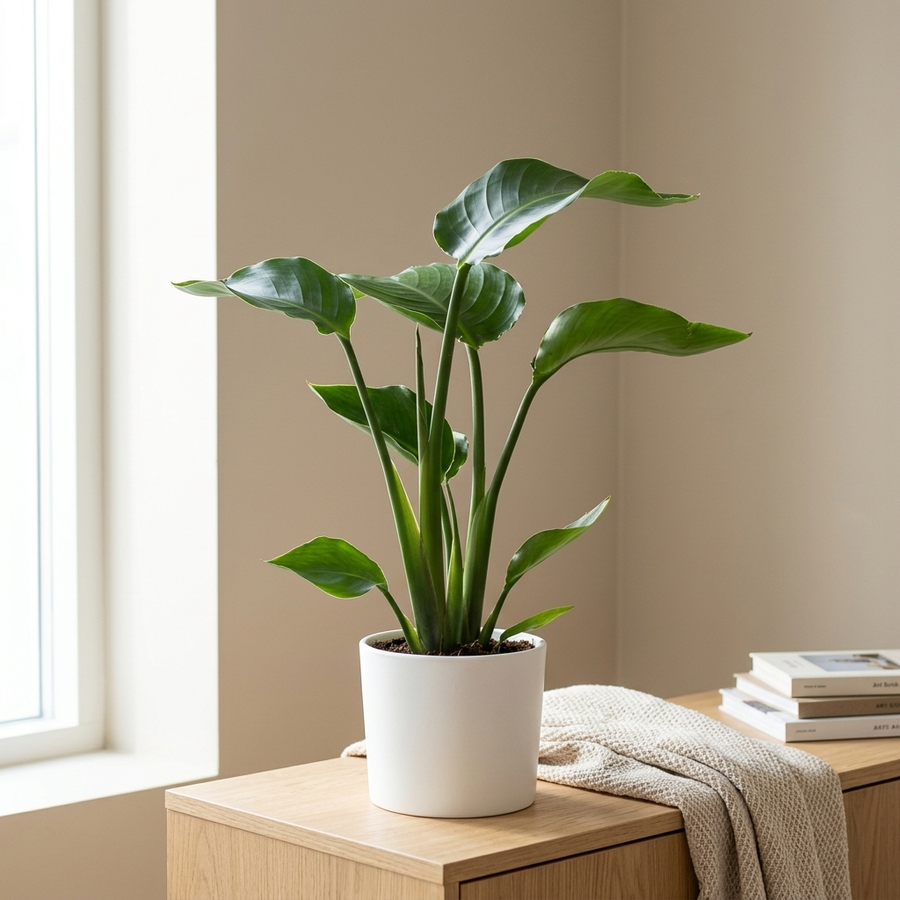 Strelitzia Nicolai in witte keramieken pot op een eiken dressoir in een lichte Scandinavische woonkamer