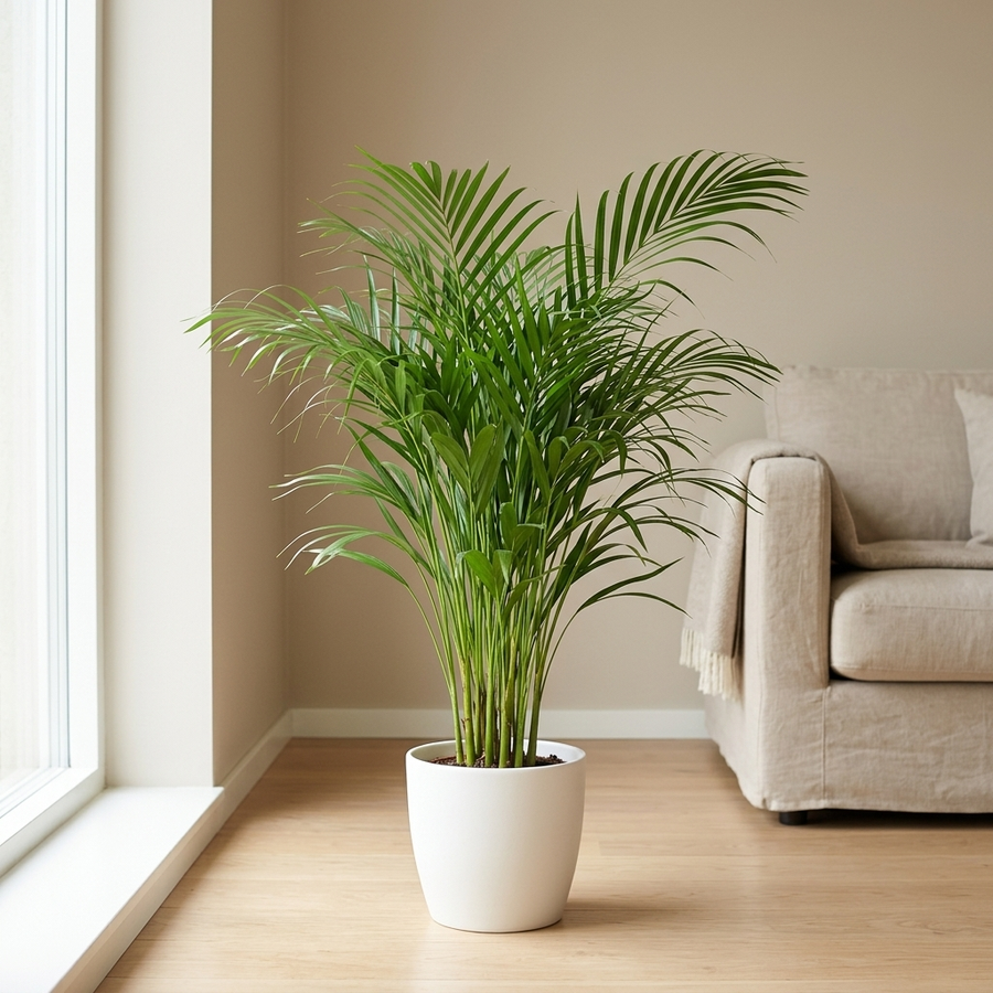 Dypsis Lutescens in witte keramieken pot op een lichte houten vloer naast het raam in een Scandinavische woonkamer