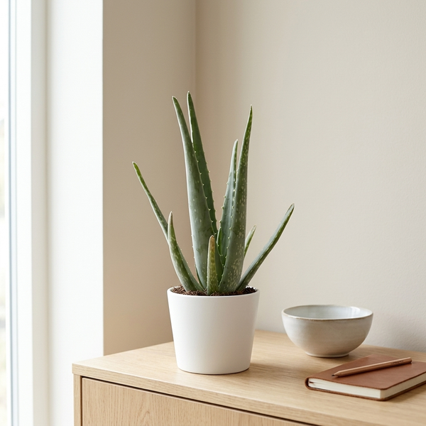 Aloë Vera in witte keramieken pot op een eiken dressoir in een lichte Scandinavische woonkamer